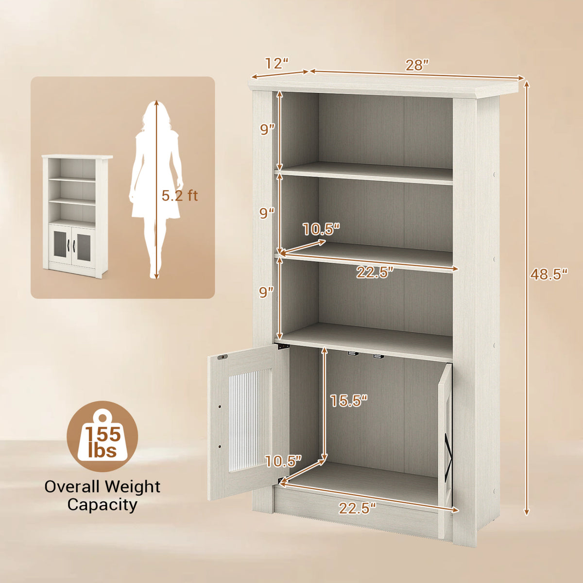 48.5 inches Modern Bookcase 4-Tier with 2 Translucent Fluted Doors and Anti-Tipping Kits-White view 5