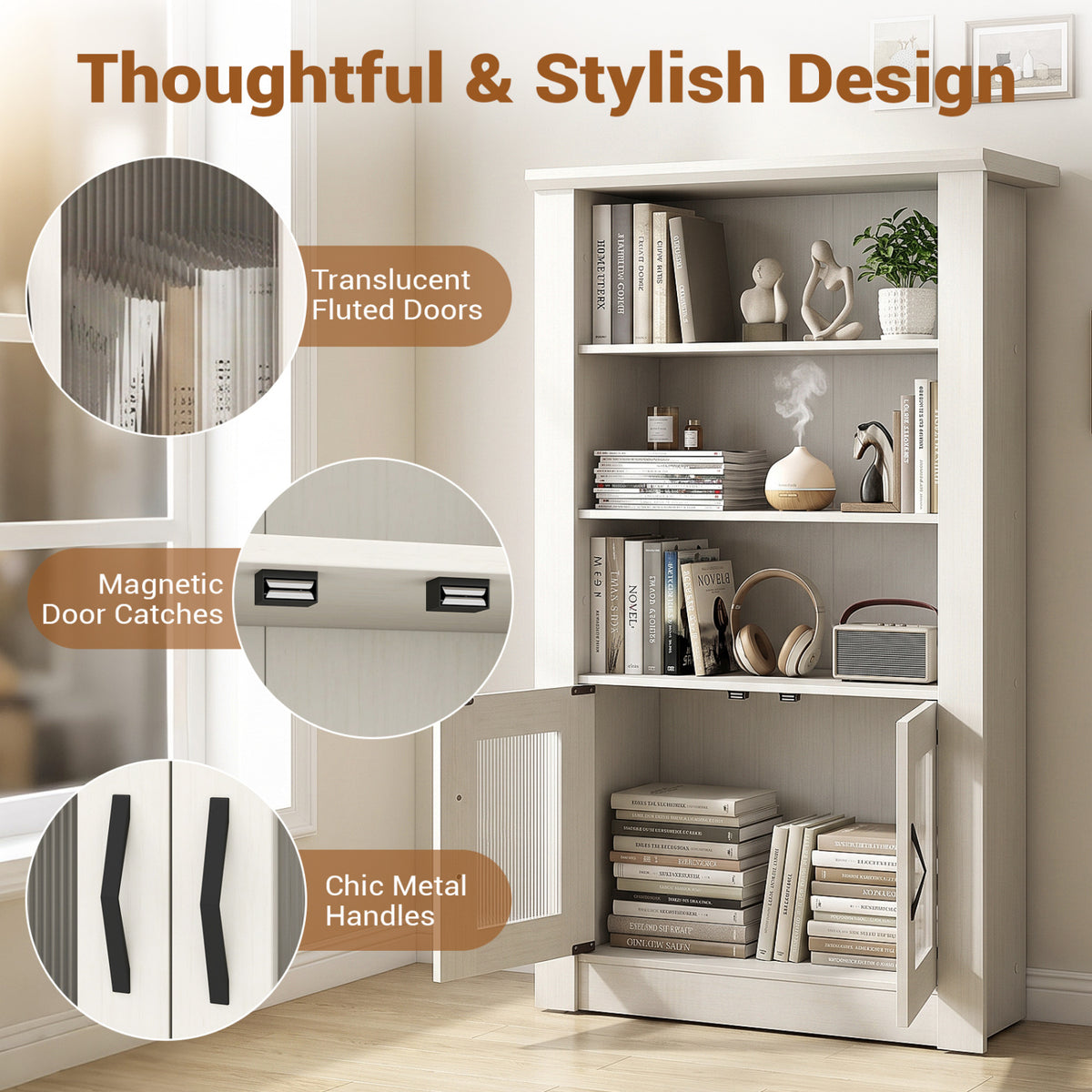 48.5 inches Modern Bookcase 4-Tier with 2 Translucent Fluted Doors and Anti-Tipping Kits-White view 6
