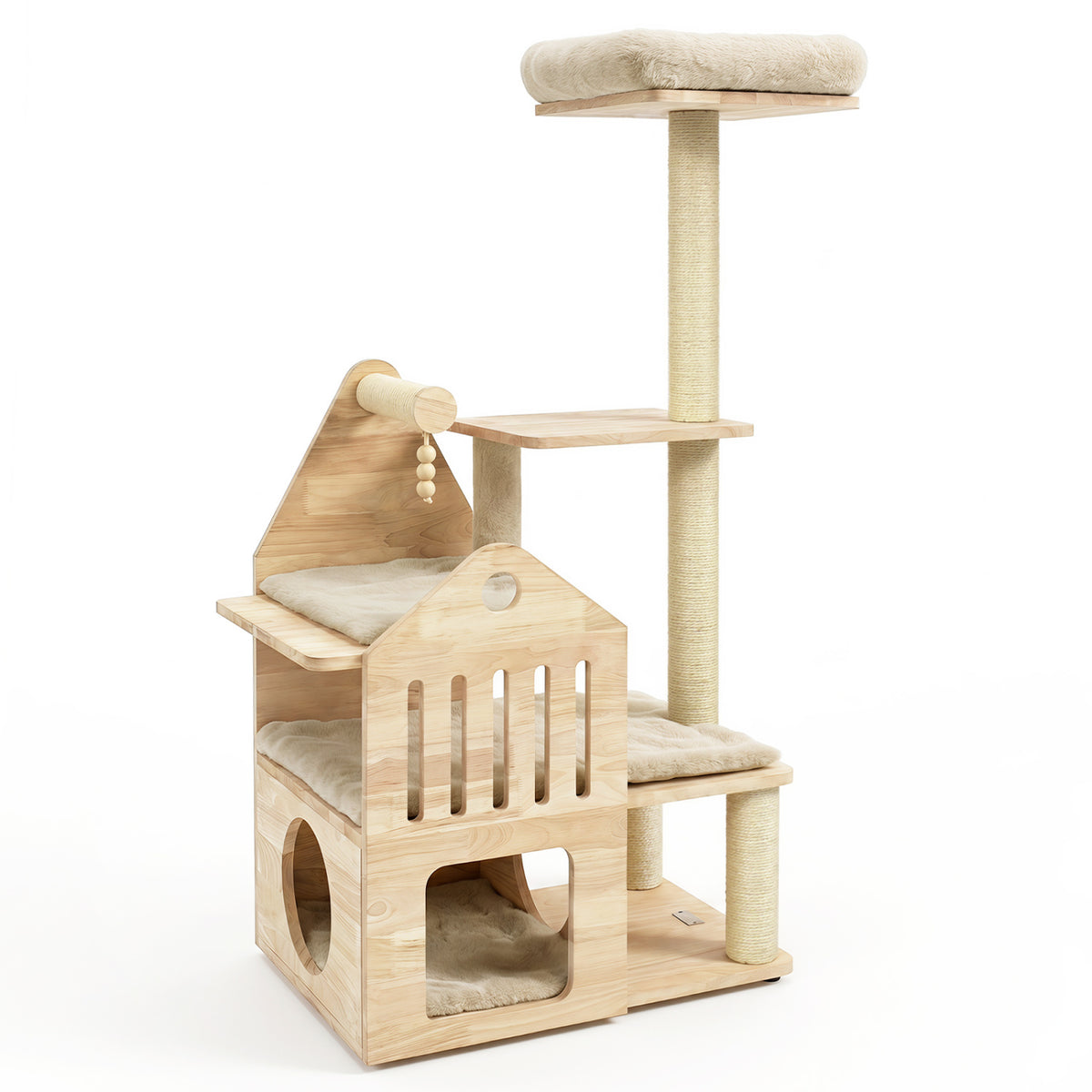 48.5 inches Multi-Level Solid Wood Cat Tree for Indoor Cats with Padded Top Perch Cat Condo and Sisal Scratching Posts-Beige