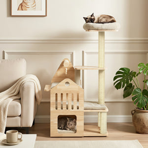 48.5 inches Multi-Level Solid Wood Cat Tree for Indoor Cats with Padded Top Perch Cat Condo and Sisal Scratching Posts-Beige view 2