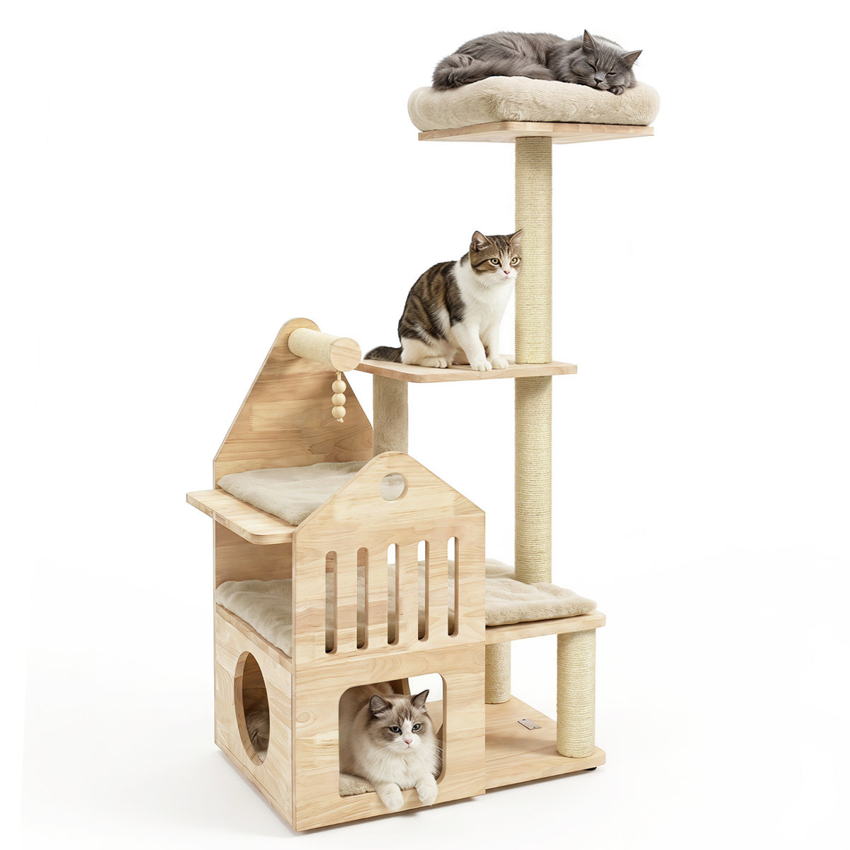 48.5 inches Multi-Level Solid Wood Cat Tree for Indoor Cats with Padded Top Perch Cat Condo and Sisal Scratching Posts-Beige view 4