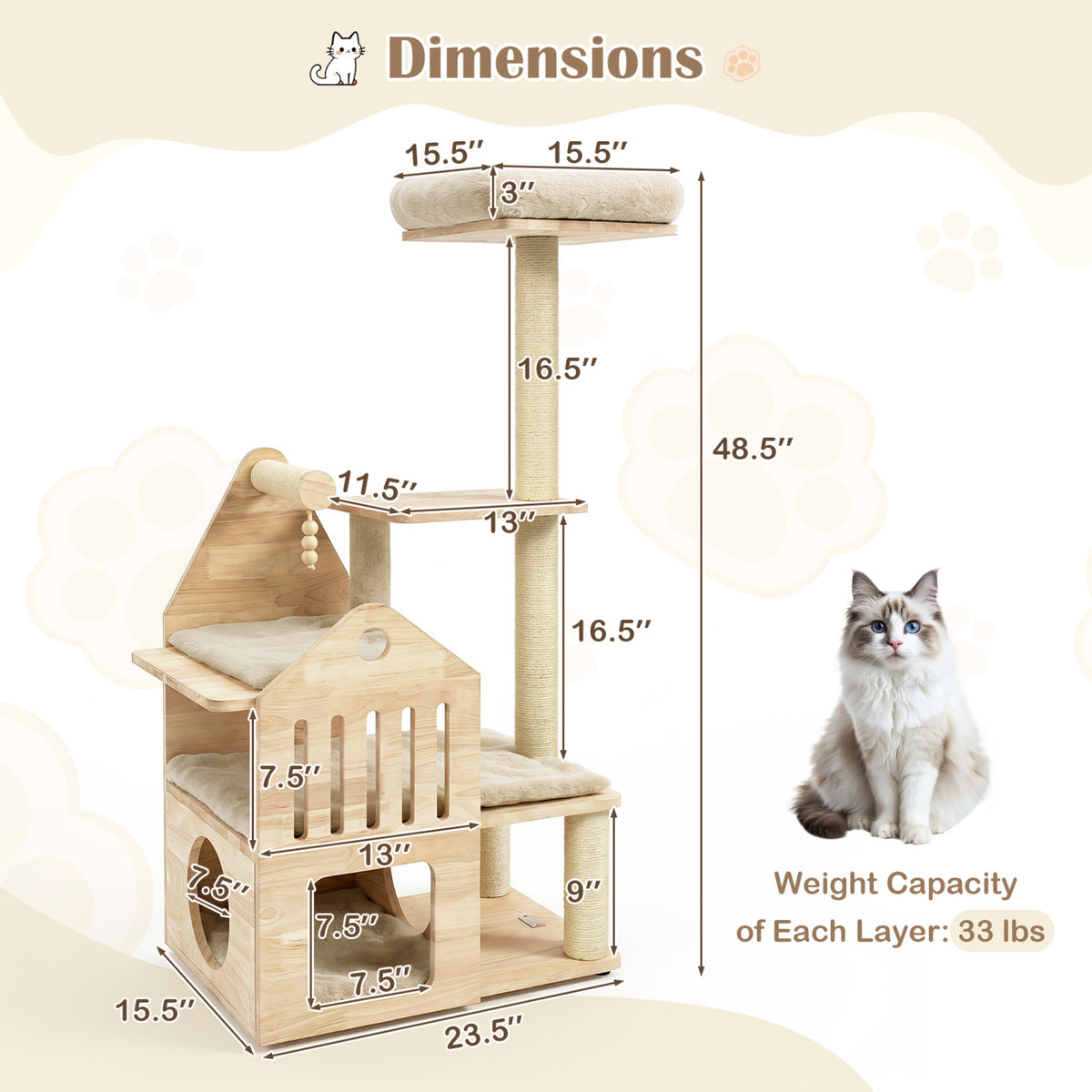 48.5 inches Multi-Level Solid Wood Cat Tree for Indoor Cats with Padded Top Perch Cat Condo and Sisal Scratching Posts-Beige view 5