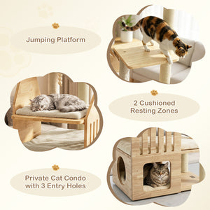 48.5 inches Multi-Level Solid Wood Cat Tree for Indoor Cats with Padded Top Perch Cat Condo and Sisal Scratching Posts-Beige view 7