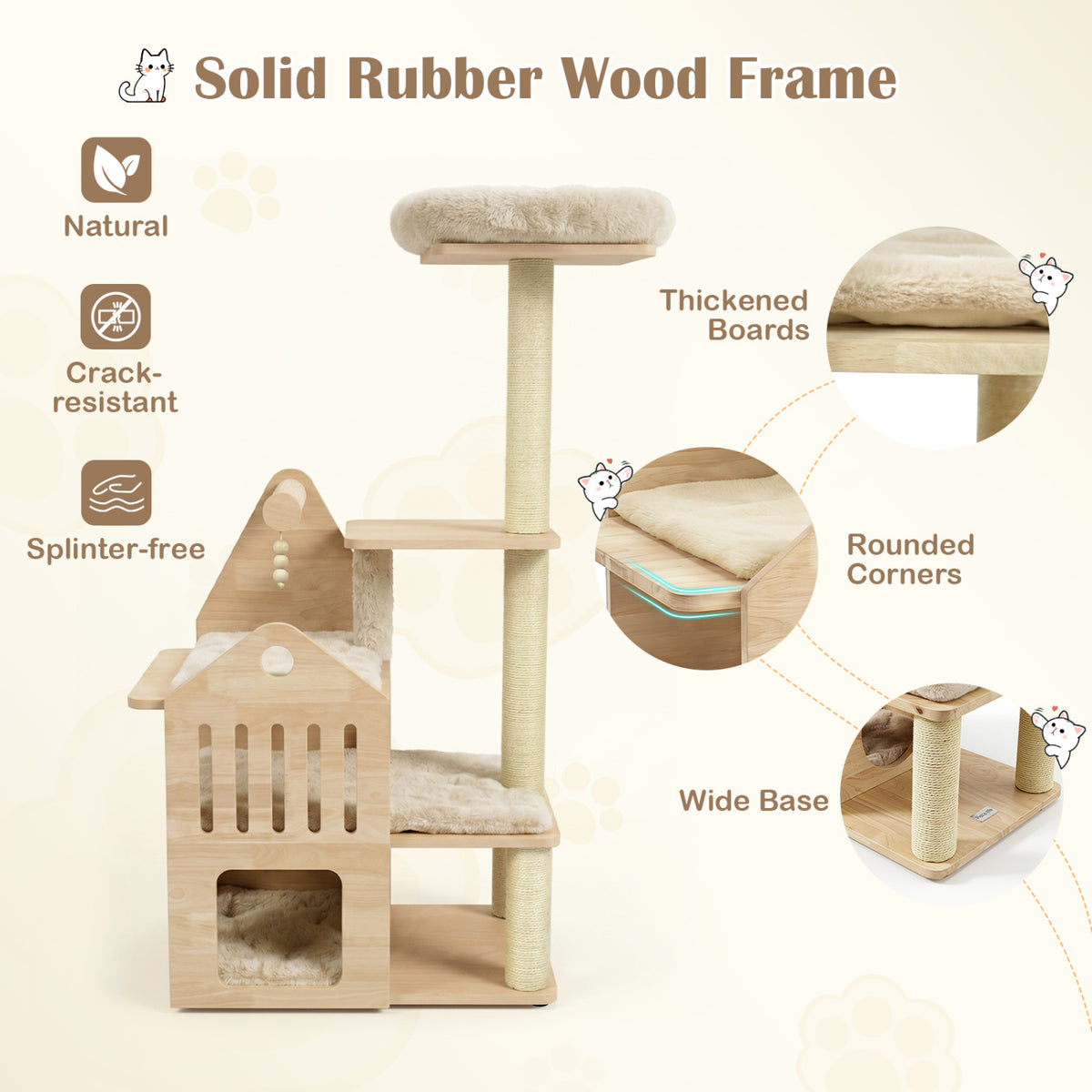 48.5 inches Multi-Level Solid Wood Cat Tree for Indoor Cats with Padded Top Perch Cat Condo and Sisal Scratching Posts-Beige view 9