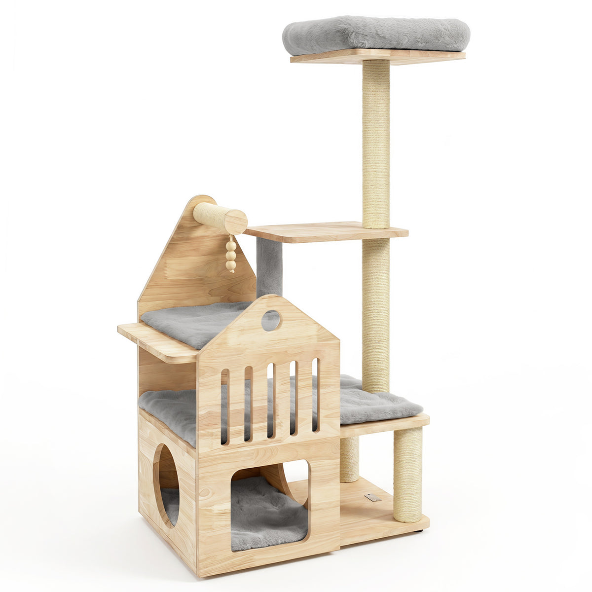 48.5 inches Multi-Level Solid Wood Cat Tree for Indoor Cats with Padded Top Perch Cat Condo and Sisal Scratching Posts-Gray