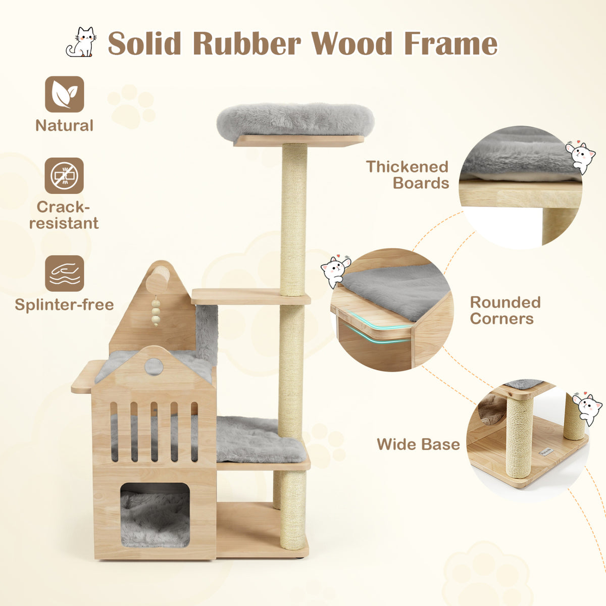 48.5 inches Multi-Level Solid Wood Cat Tree for Indoor Cats with Padded Top Perch Cat Condo and Sisal Scratching Posts-Gray view 9
