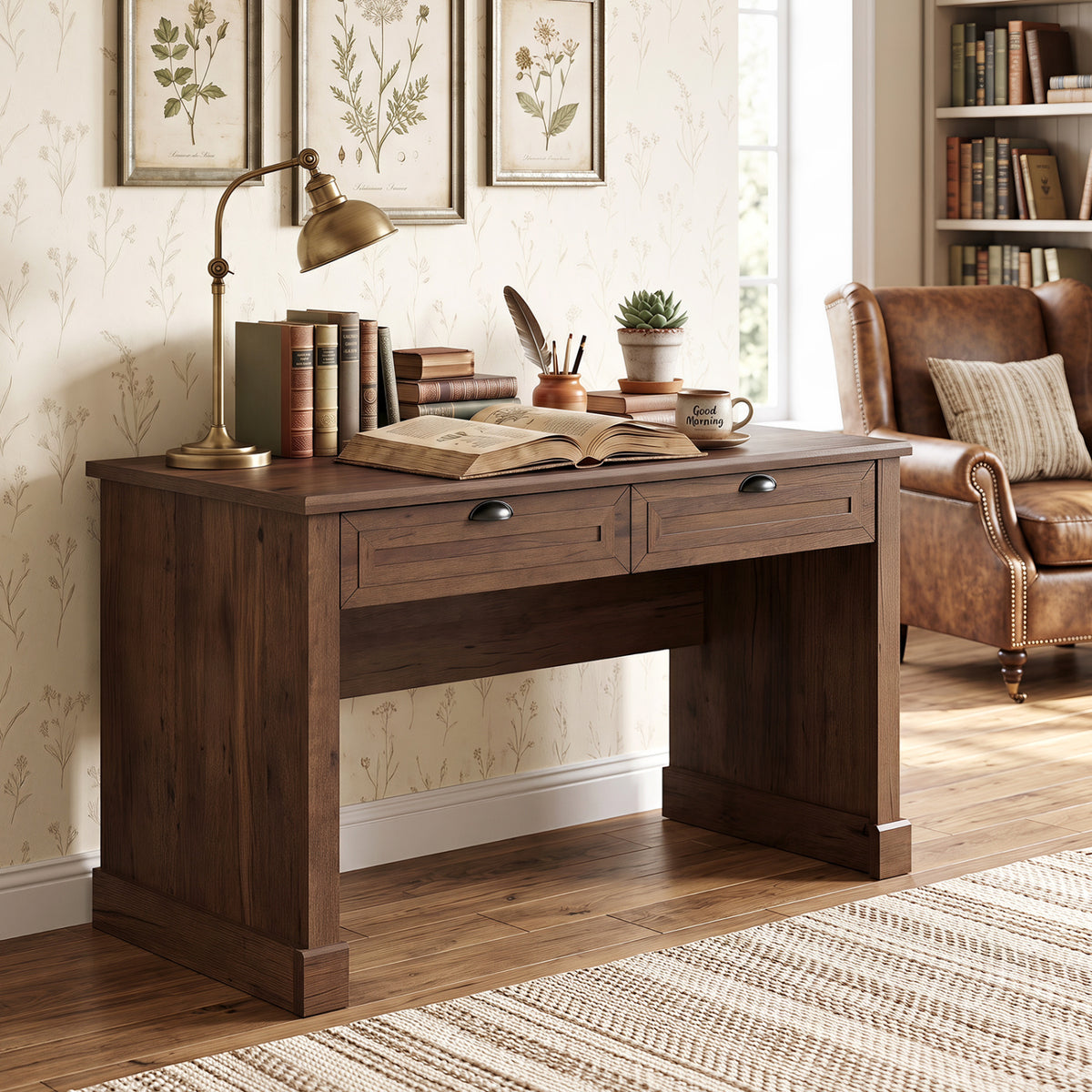 48 inches Farmhouse Executive Desk with 2 Drawers for Studying and Writing-Brown view 2