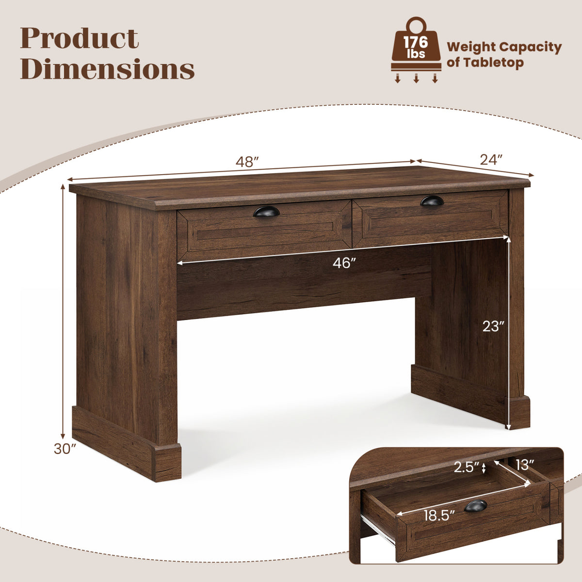 48 inches Farmhouse Executive Desk with 2 Drawers for Studying and Writing-Brown view 5