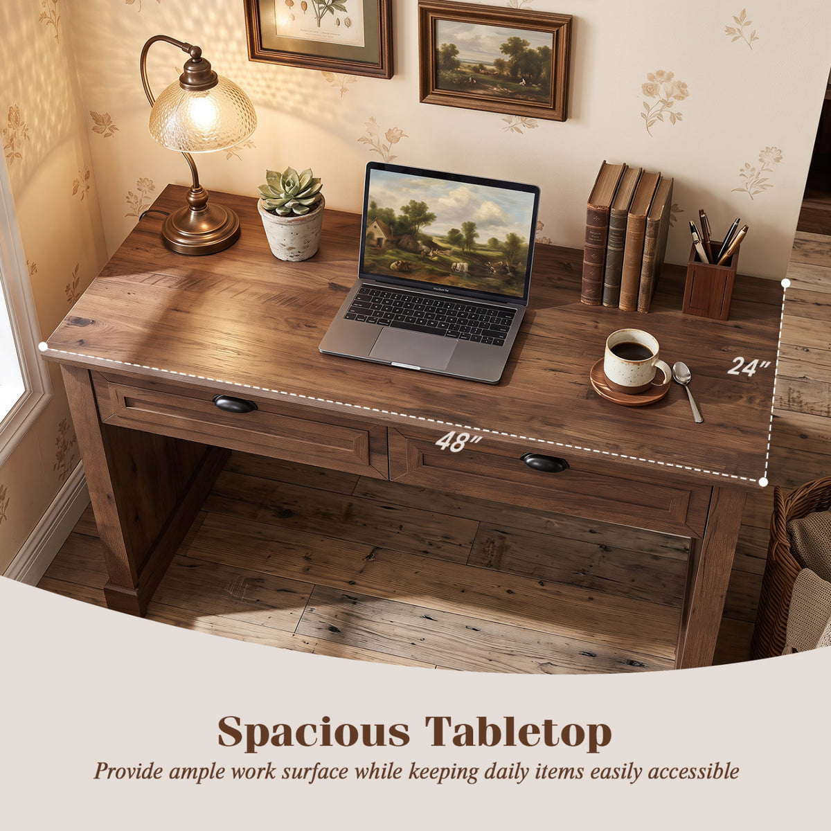 48 inches Farmhouse Executive Desk with 2 Drawers for Studying and Writing-Brown view 8