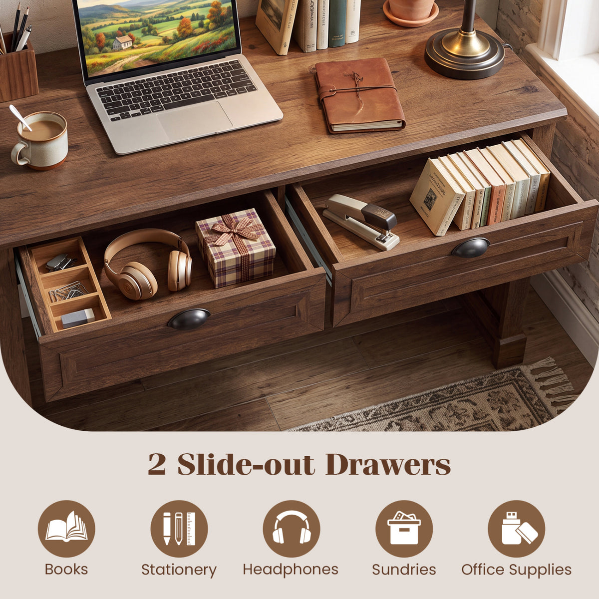 48 inches Farmhouse Executive Desk with 2 Drawers for Studying and Writing-Brown view 9