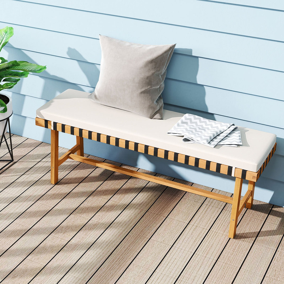 48 inch Acacia Wood Outdoor Bench with Thick Padded Seat Cushion view 3