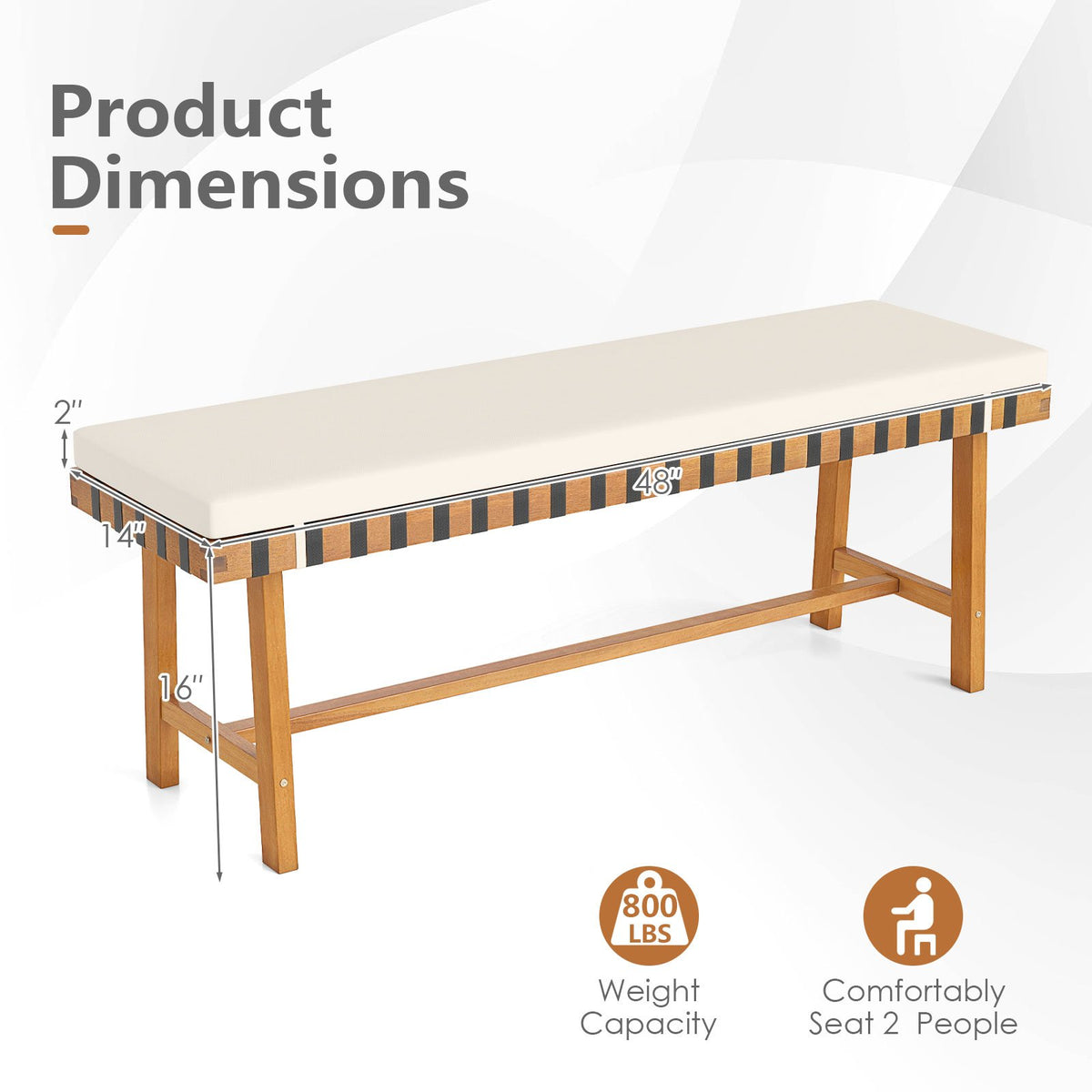 48 inch Acacia Wood Outdoor Bench with Thick Padded Seat Cushion view 5