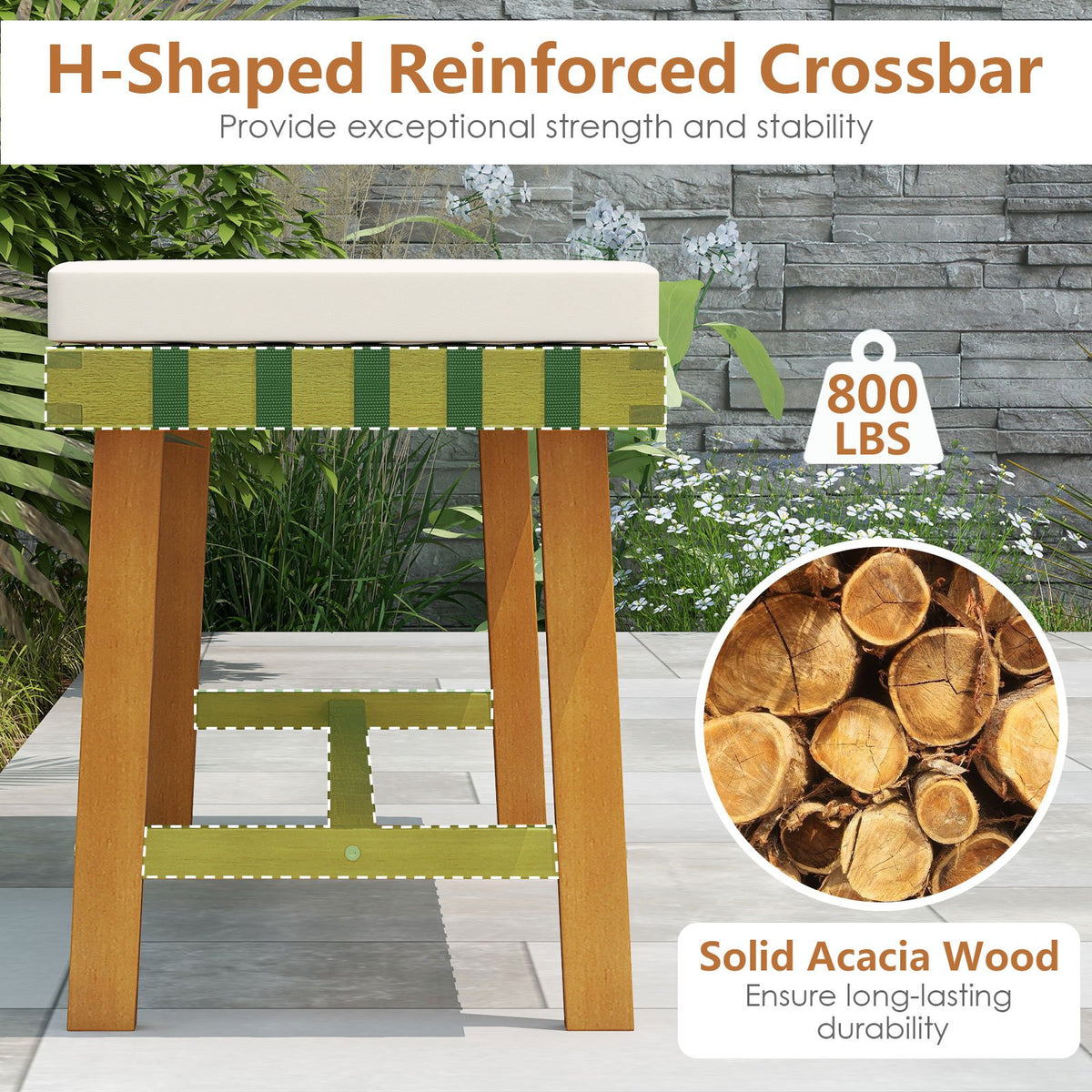 48 inch Acacia Wood Outdoor Bench with Thick Padded Seat Cushion view 6