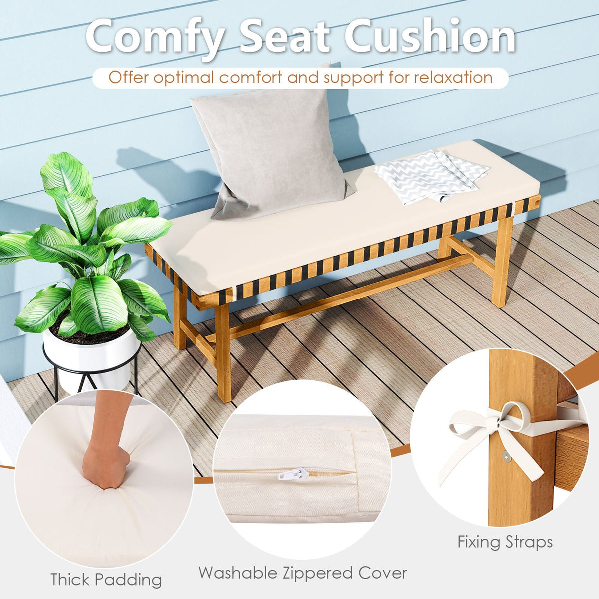 48 inch Acacia Wood Outdoor Bench with Thick Padded Seat Cushion view 7