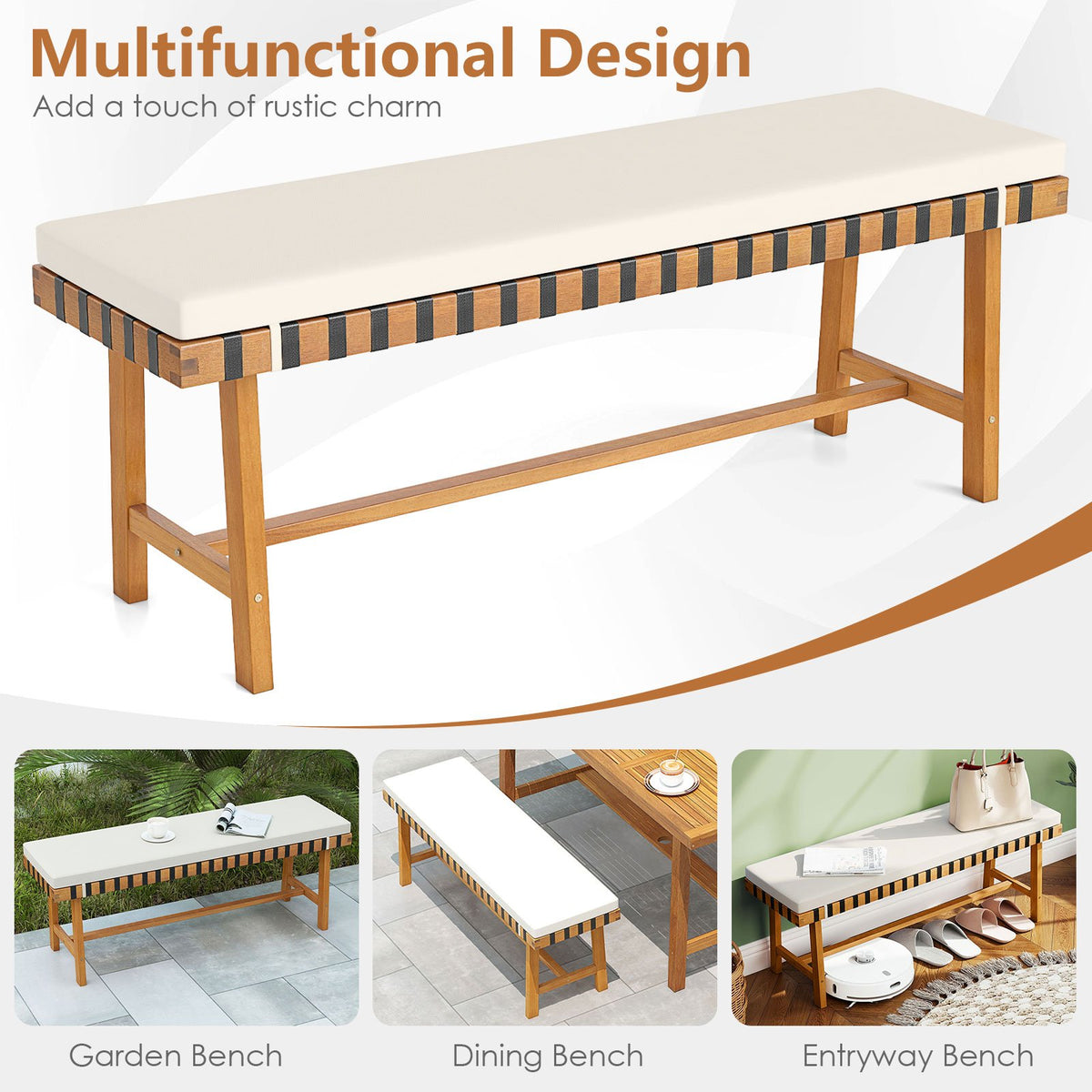 48 inch Acacia Wood Outdoor Bench with Thick Padded Seat Cushion view 9