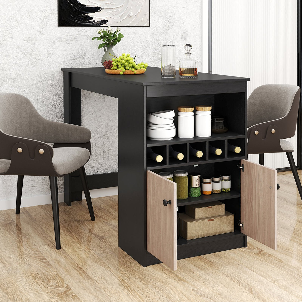48 Inch Bar Table with Storage Cabinet and Wine Rack-Black view 3