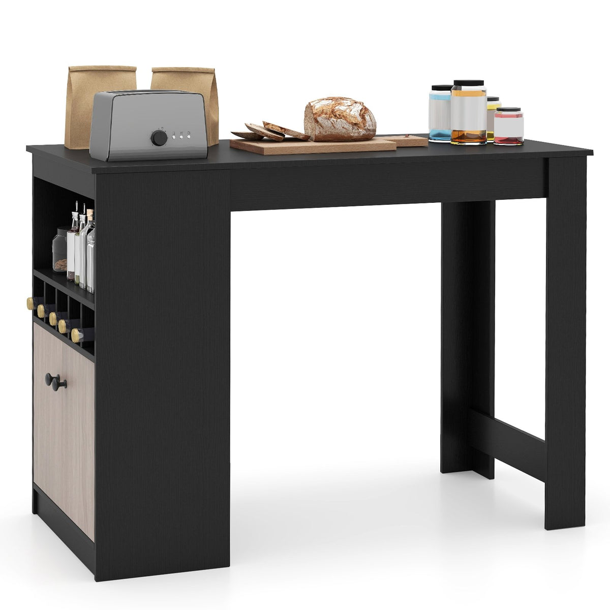 48 Inch Bar Table with Storage Cabinet and Wine Rack-Black view 4