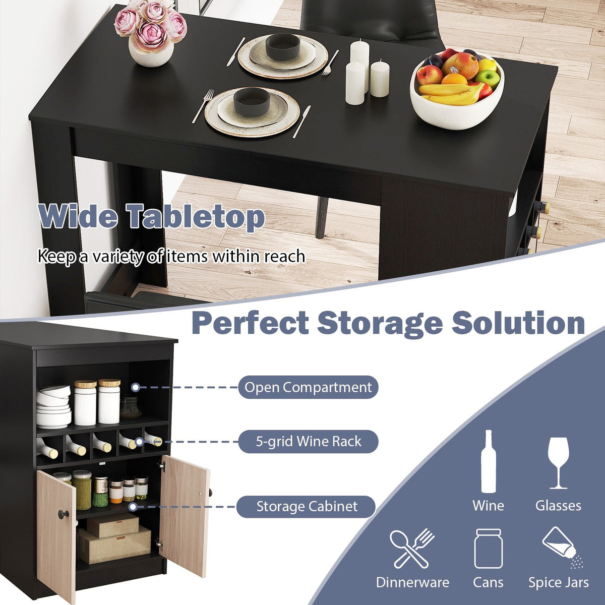 48 Inch Bar Table with Storage Cabinet and Wine Rack-Black view 7