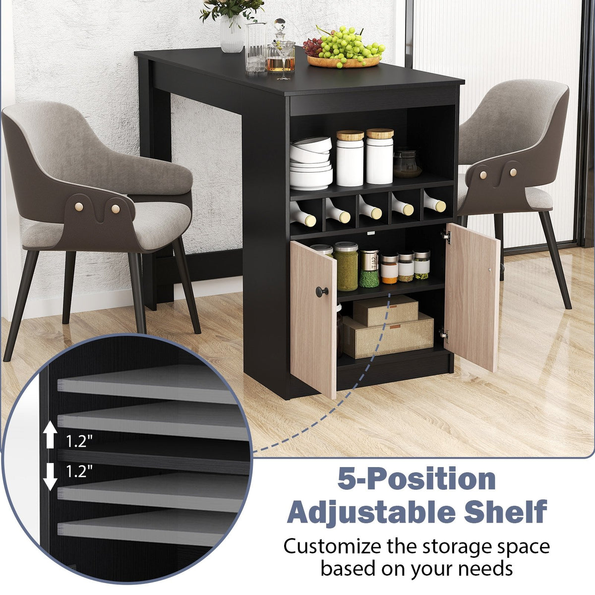 48 Inch Bar Table with Storage Cabinet and Wine Rack-Black view 8