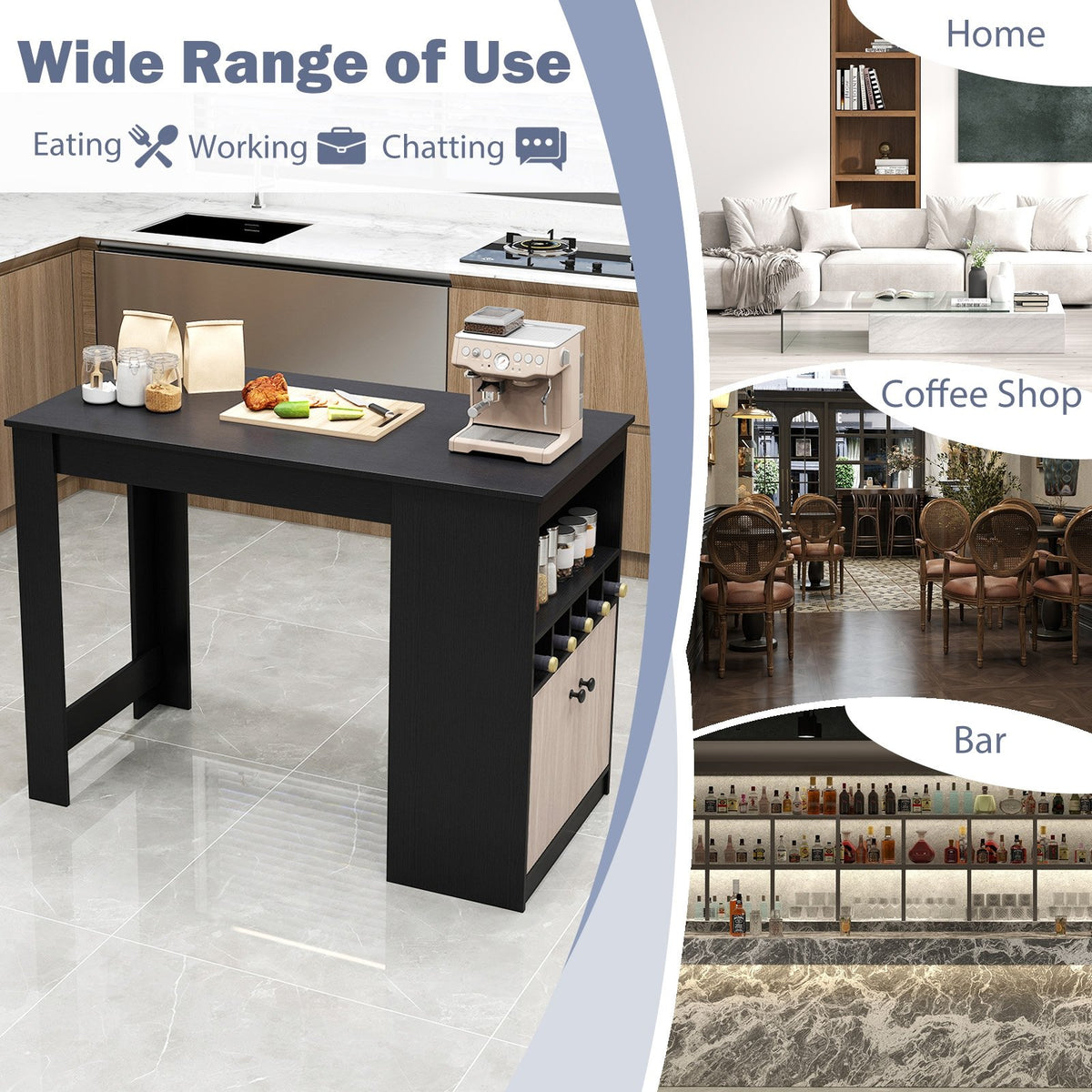 48 Inch Bar Table with Storage Cabinet and Wine Rack-Black view 9