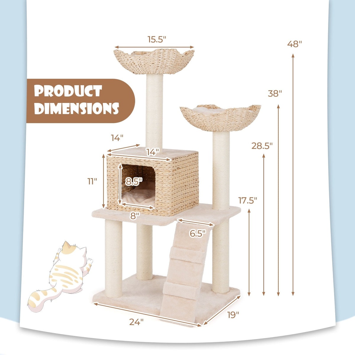 48 Inch Cattail Cat Tower with Sisal Scratching Posts Perch and Condo-Beige view 5