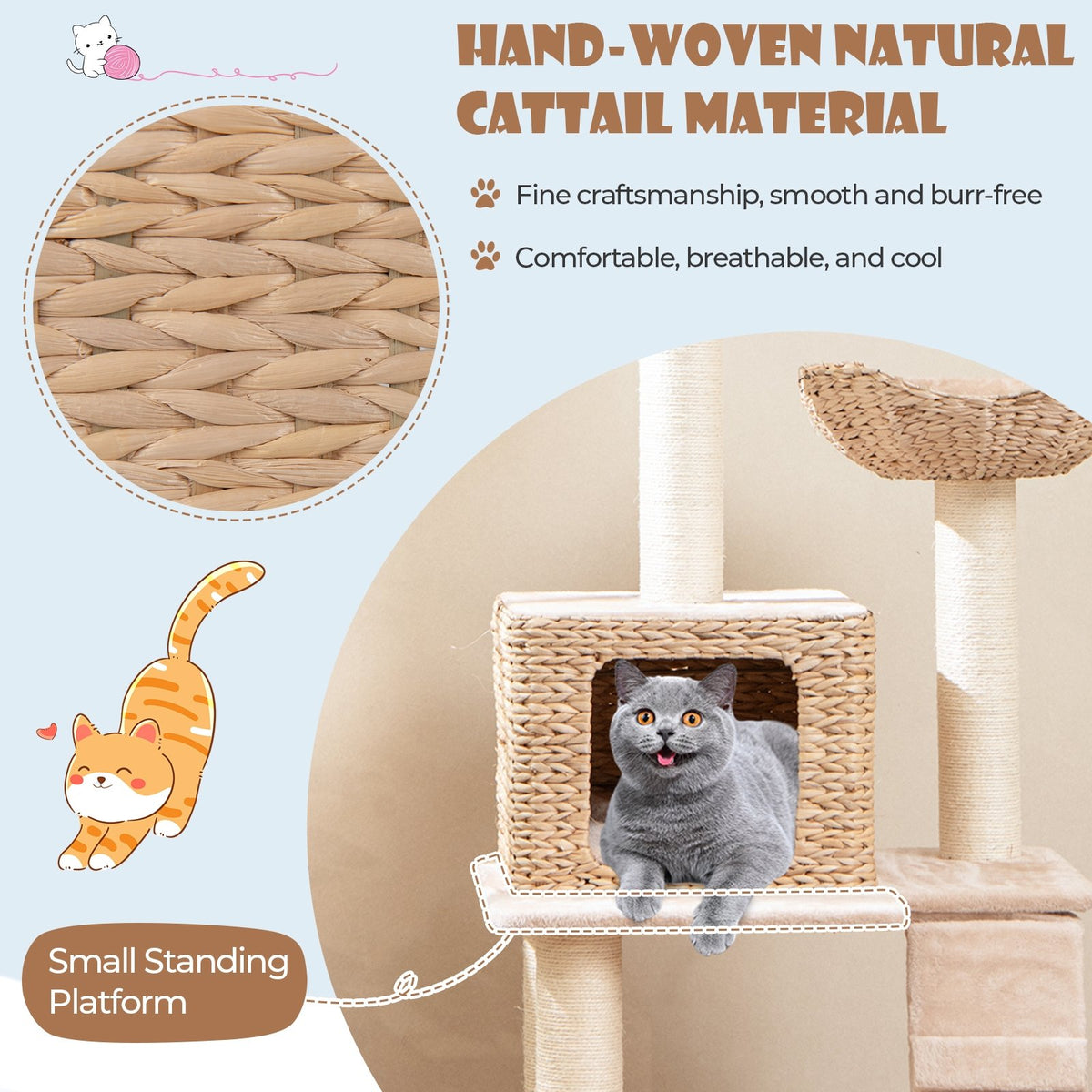 48 Inch Cattail Cat Tower with Sisal Scratching Posts Perch and Condo-Beige view 6