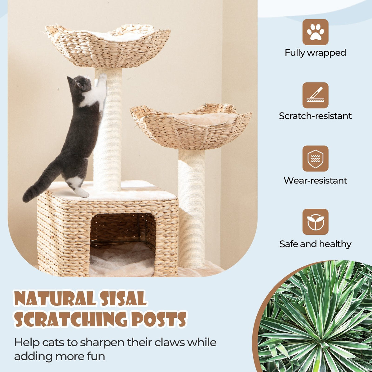 48 Inch Cattail Cat Tower with Sisal Scratching Posts Perch and Condo-Beige view 7