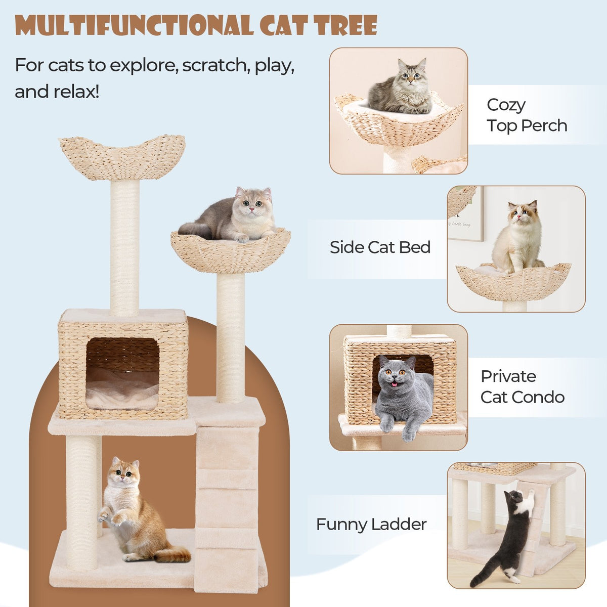 48 Inch Cattail Cat Tower with Sisal Scratching Posts Perch and Condo-Beige view 8