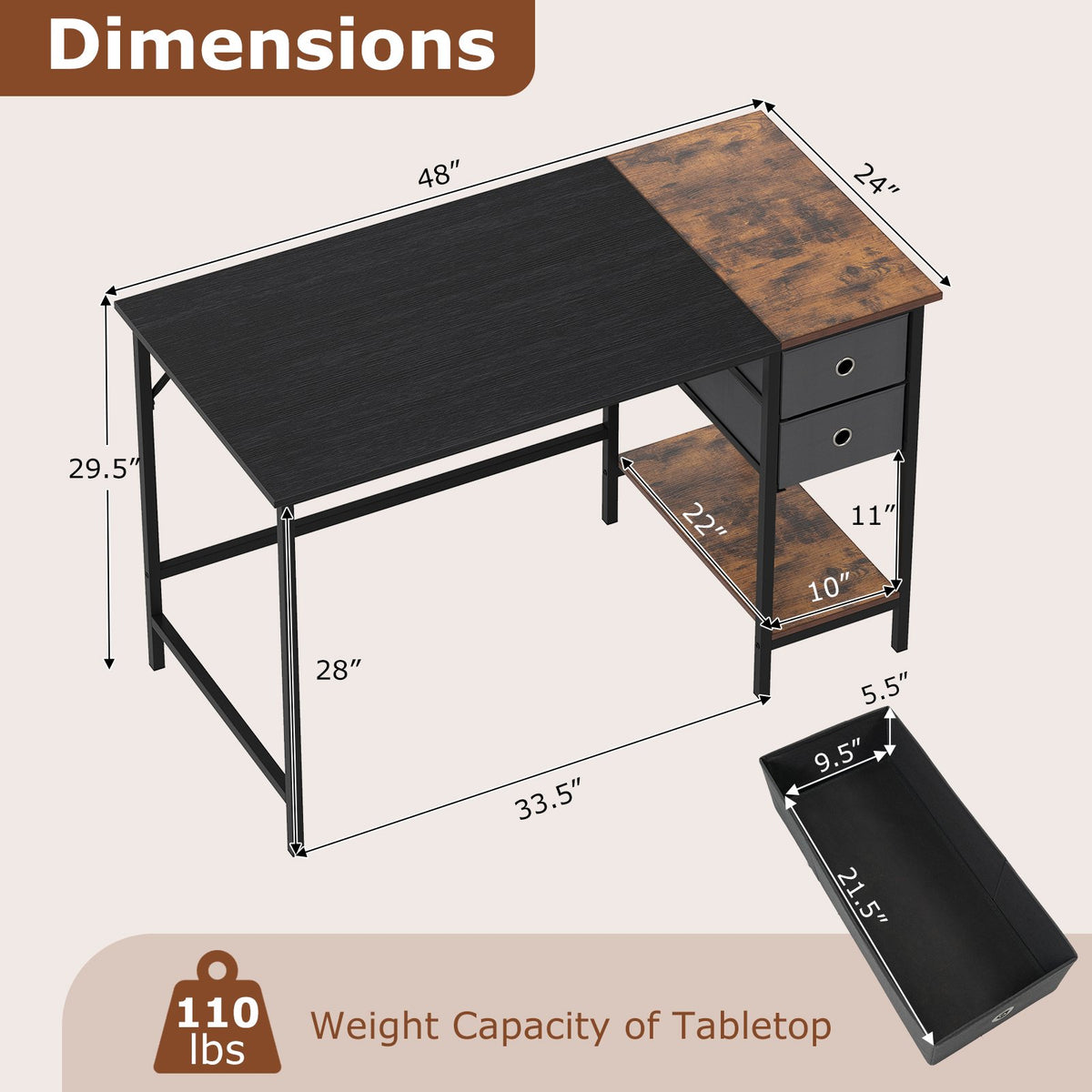 48 Inch Computer Desk with 2 Fabric Drawers Industrial Home Office Desk-Black view 5