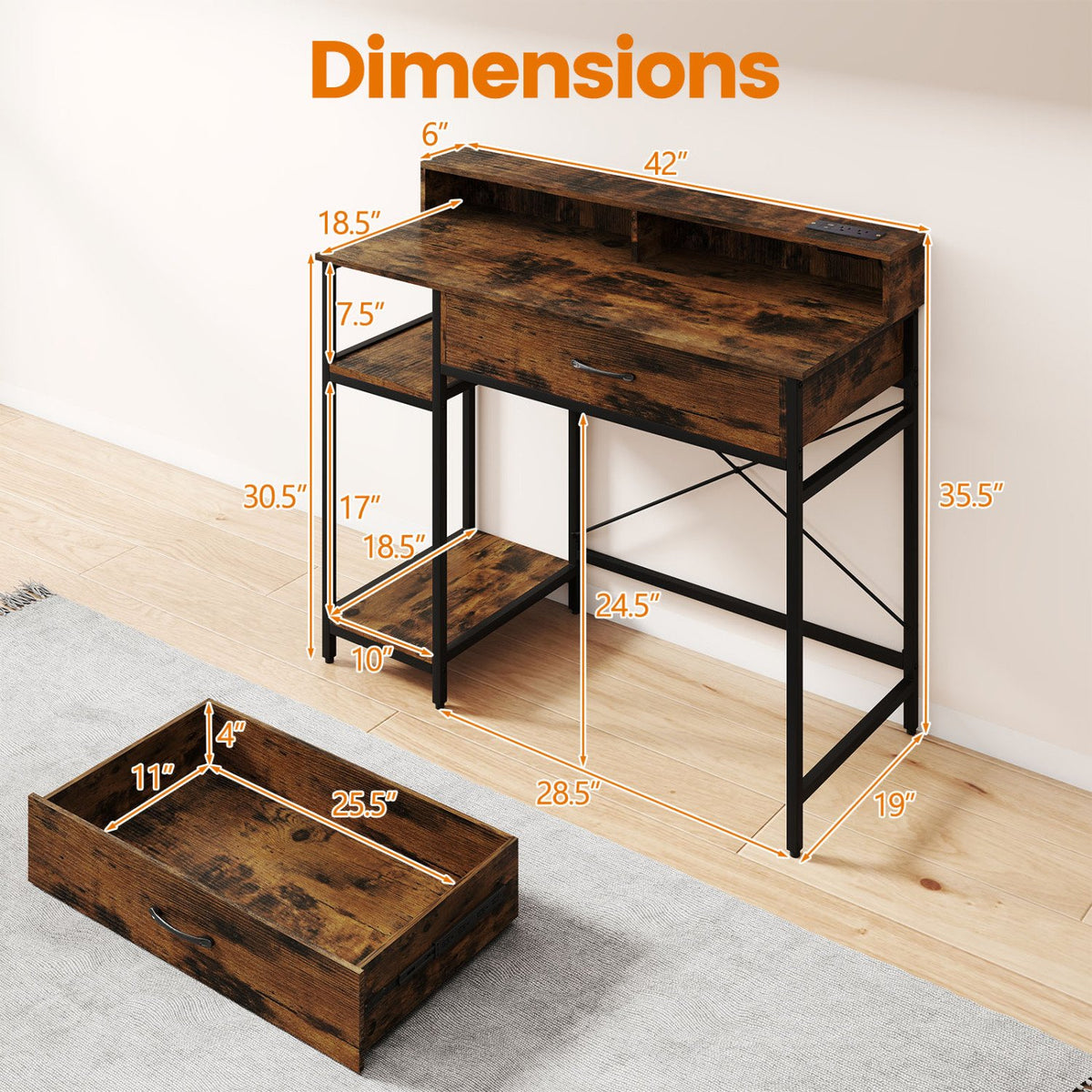 48 Inch Computer Desk with Monitor Stand Drawer and Shelves-Rustic Brown view 5