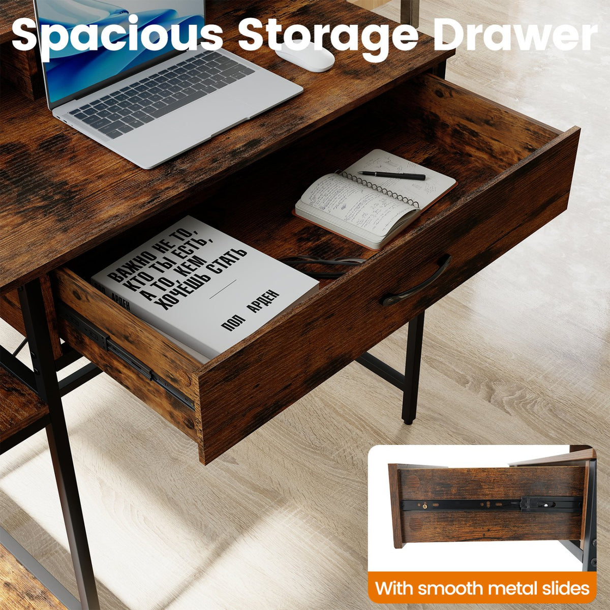 48 Inch Computer Desk with Monitor Stand Drawer and Shelves-Rustic Brown view 8