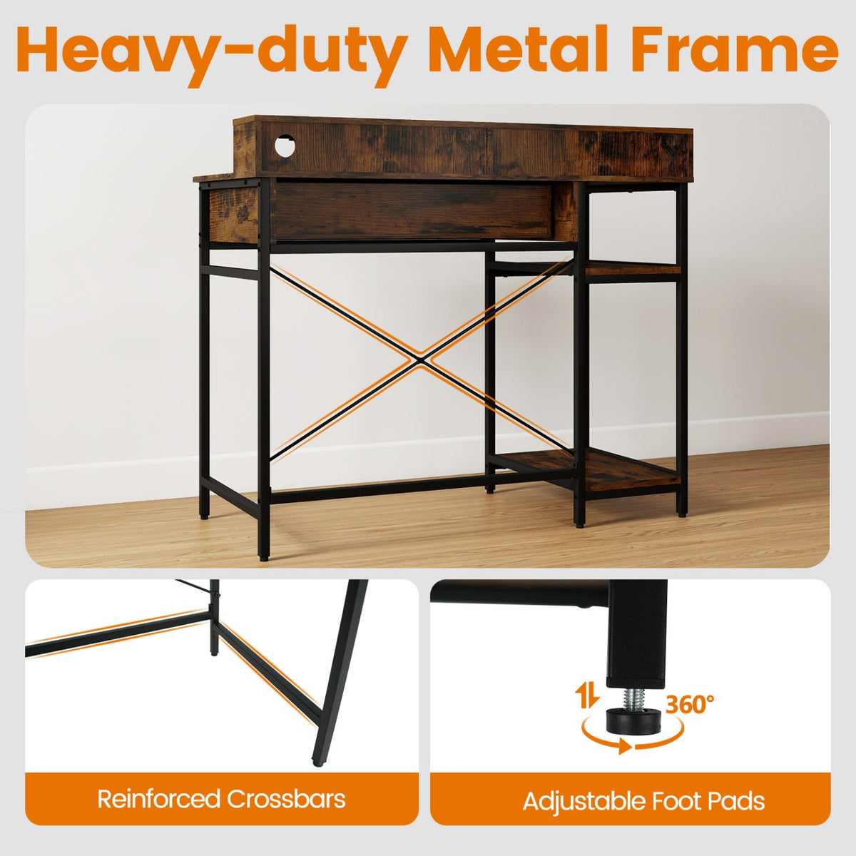 48 Inch Computer Desk with Monitor Stand Drawer and Shelves-Rustic Brown view 9