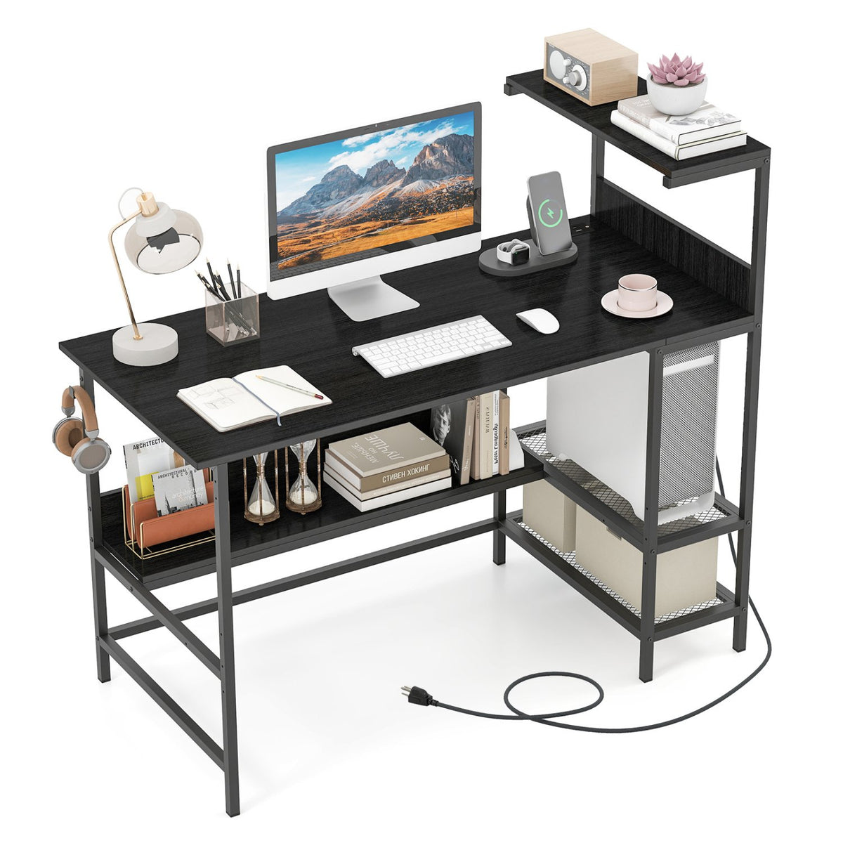 48 Inch Computer Desk with Power Outlets and Storage Shelves-Black view 4