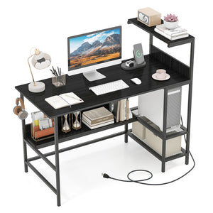 48 Inch Computer Desk with Power Outlets and Storage Shelves-Black view 4