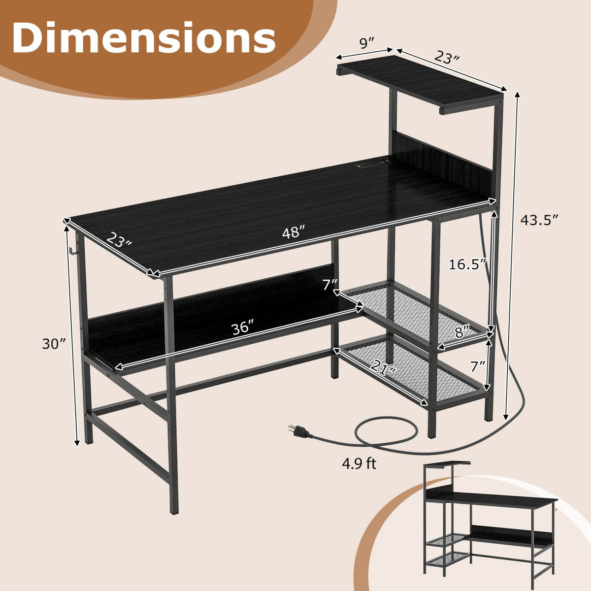 48 Inch Computer Desk with Power Outlets and Storage Shelves-Black view 5