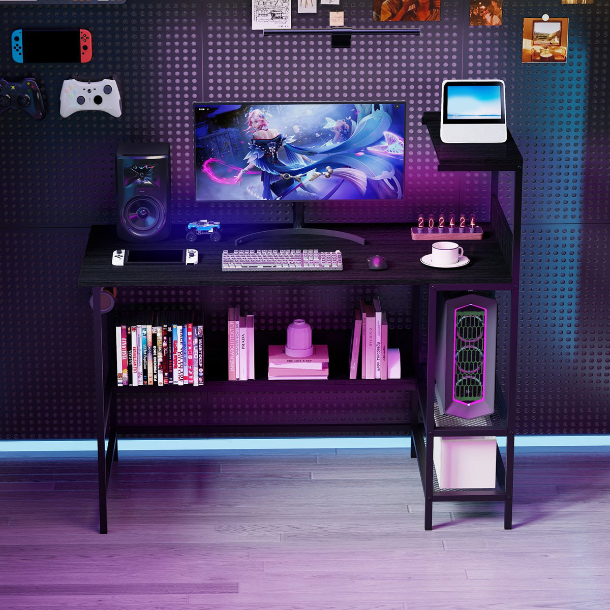 48 Inch Computer Desk with Power Outlets and Storage Shelves-Black view 6