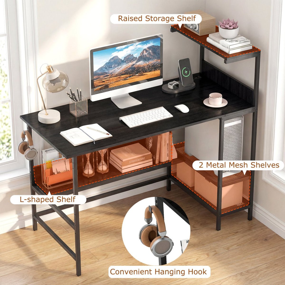 48 Inch Computer Desk with Power Outlets and Storage Shelves-Black view 7