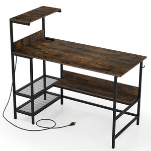 48 Inch Computer Desk with Power Outlets and Storage Shelves-Rustic Brown