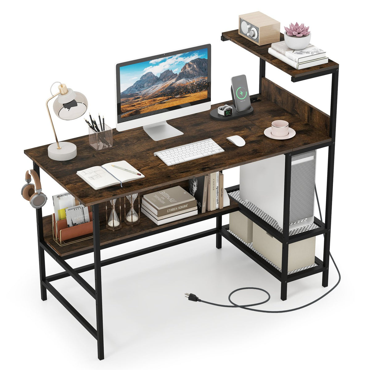48 Inch Computer Desk with Power Outlets and Storage Shelves-Rustic Brown view 4