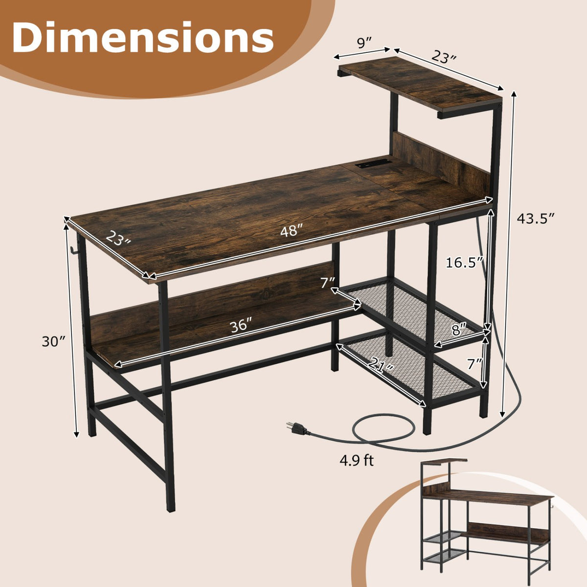 48 Inch Computer Desk with Power Outlets and Storage Shelves-Rustic Brown view 5