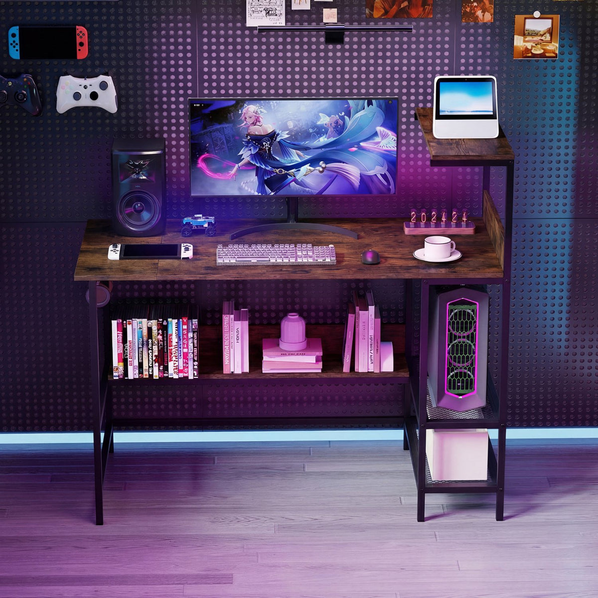 48 Inch Computer Desk with Power Outlets and Storage Shelves-Rustic Brown view 6