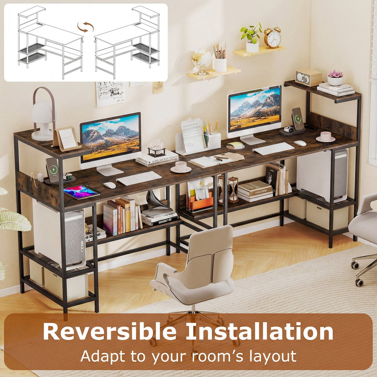 48 Inch Computer Desk with Power Outlets and Storage Shelves-Rustic Brown view 7