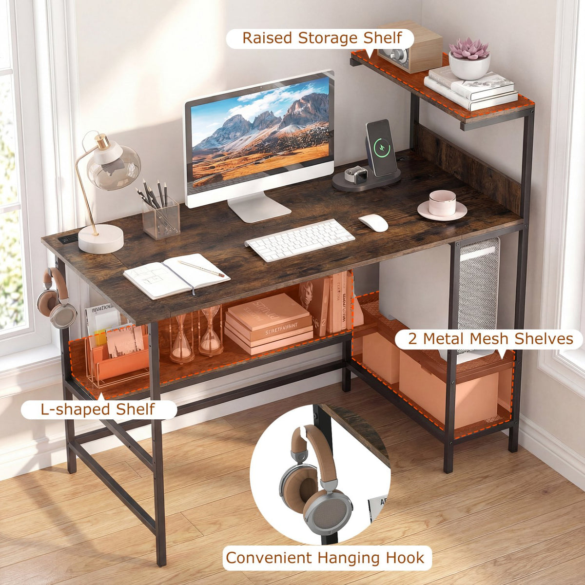 48 Inch Computer Desk with Power Outlets and Storage Shelves-Rustic Brown view 8