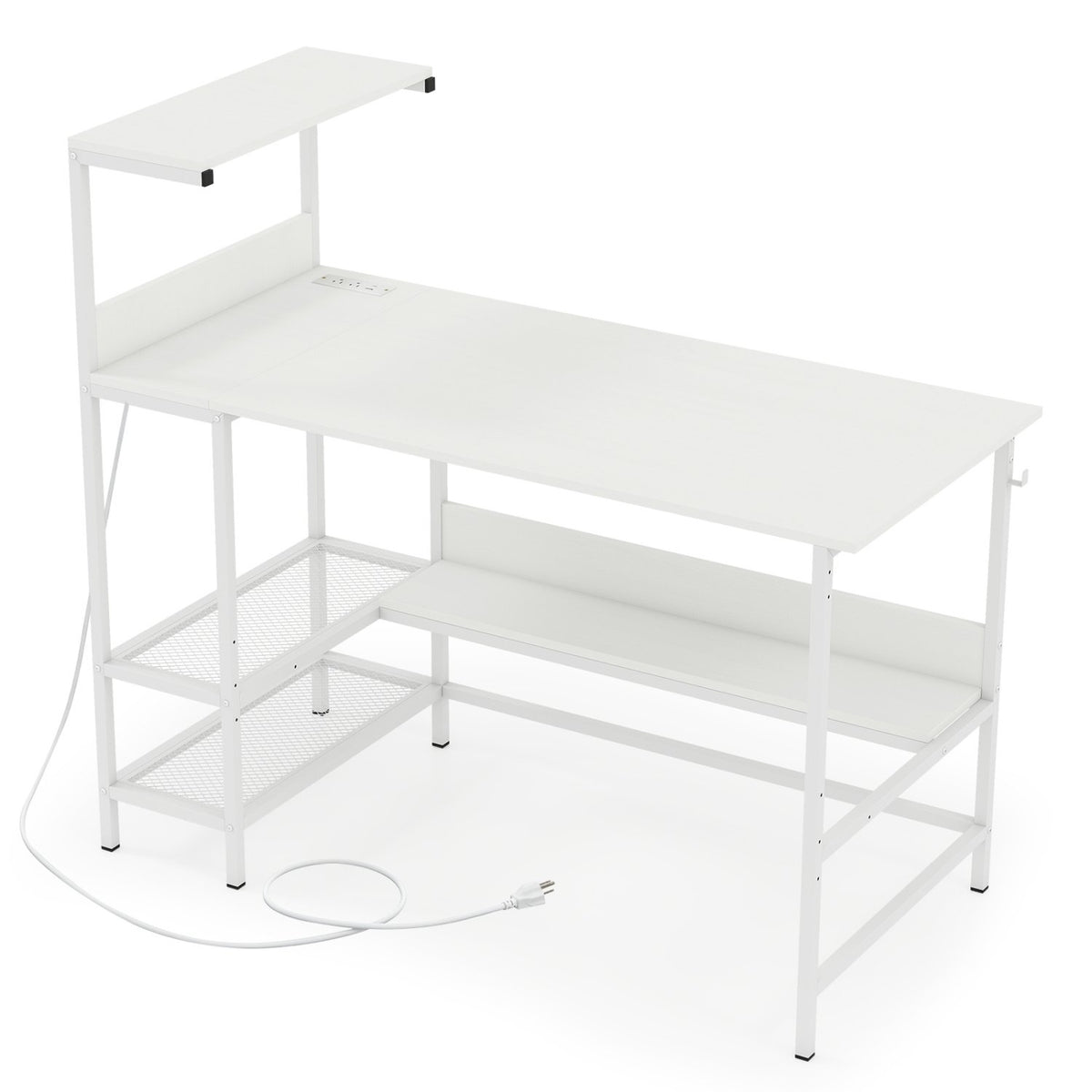 48 Inch Computer Desk with Power Outlets and Storage Shelves-White