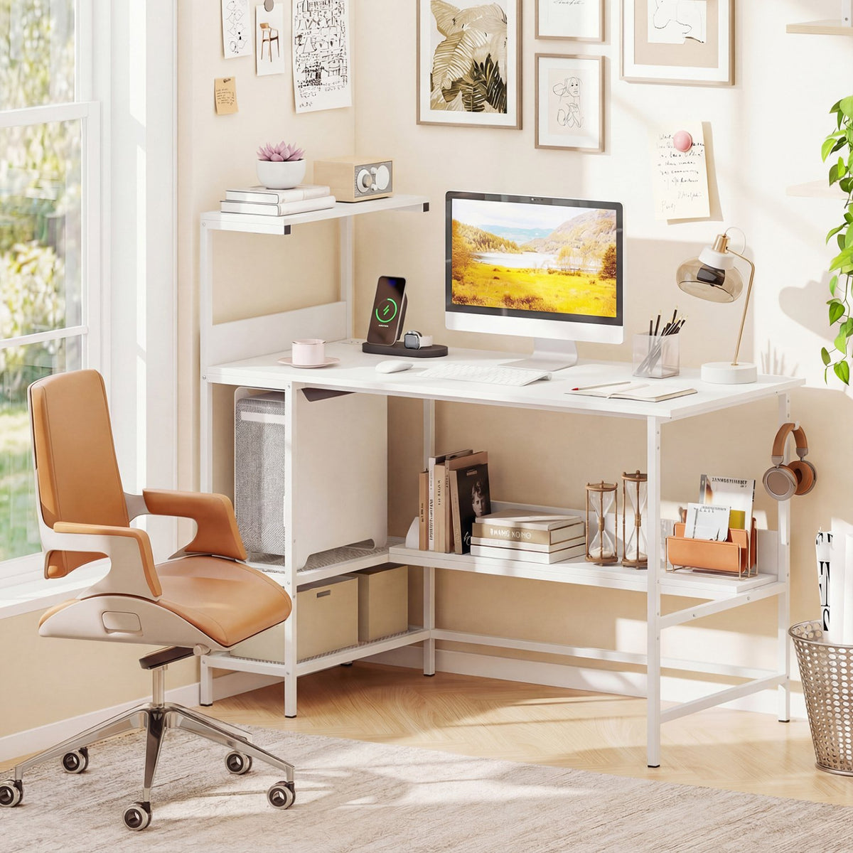 48 Inch Computer Desk with Power Outlets and Storage Shelves-White view 2