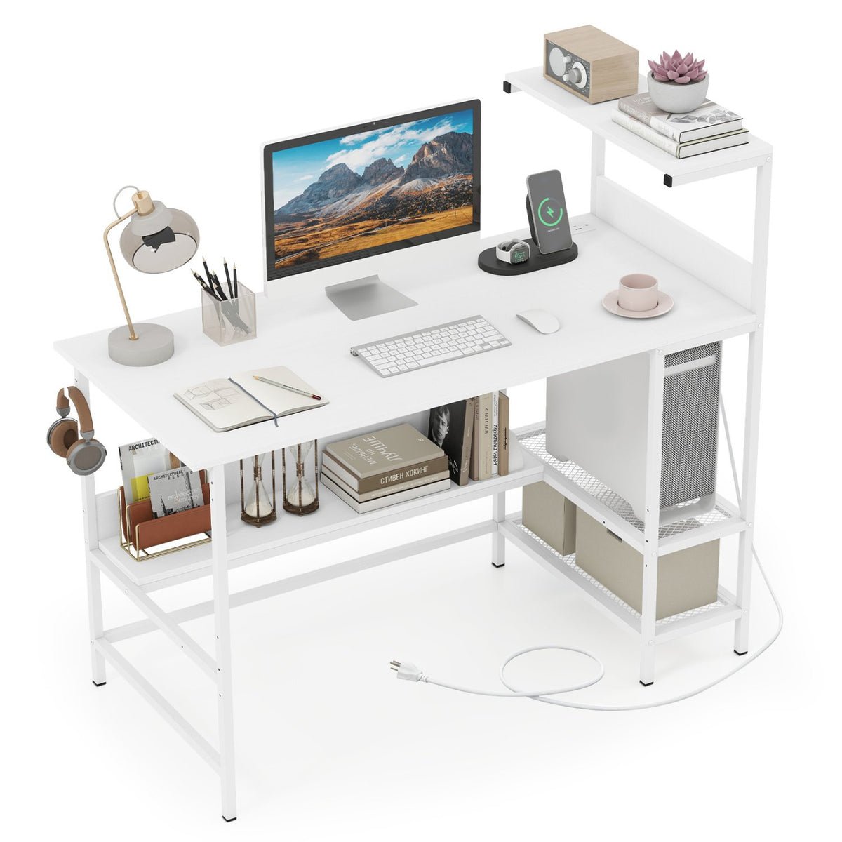 48 Inch Computer Desk with Power Outlets and Storage Shelves-White view 4