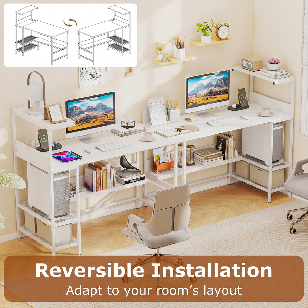 48 Inch Computer Desk with Power Outlets and Storage Shelves-White view 6