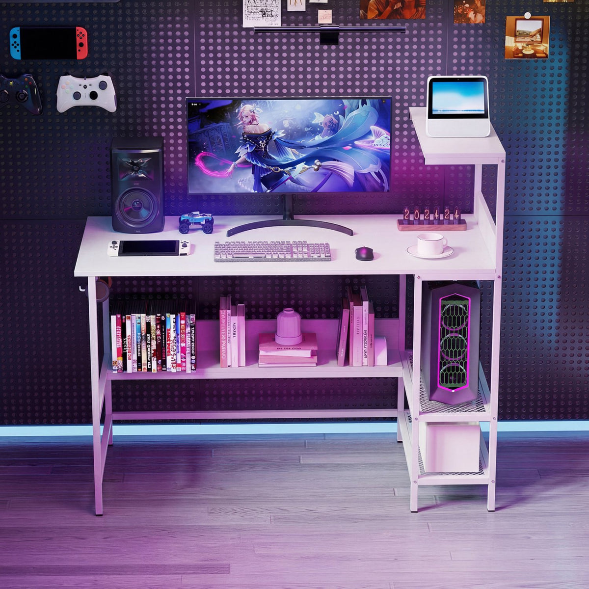 48 Inch Computer Desk with Power Outlets and Storage Shelves-White view 7