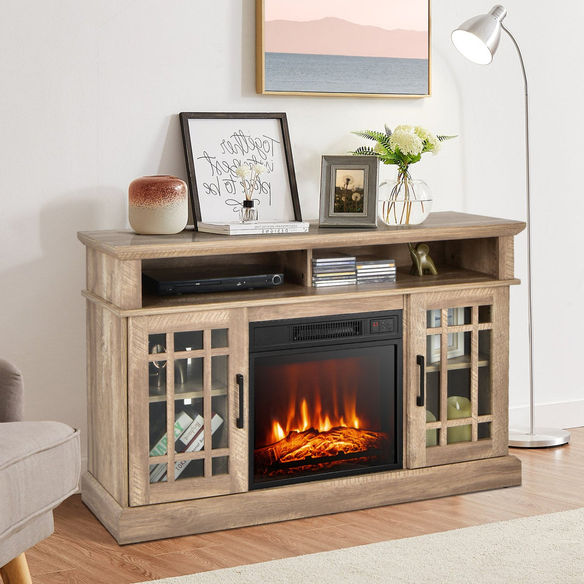 48 Inch Electric Fireplace TV Stand with Cabinets for TVs Up to 55 Inch-Natural view 2