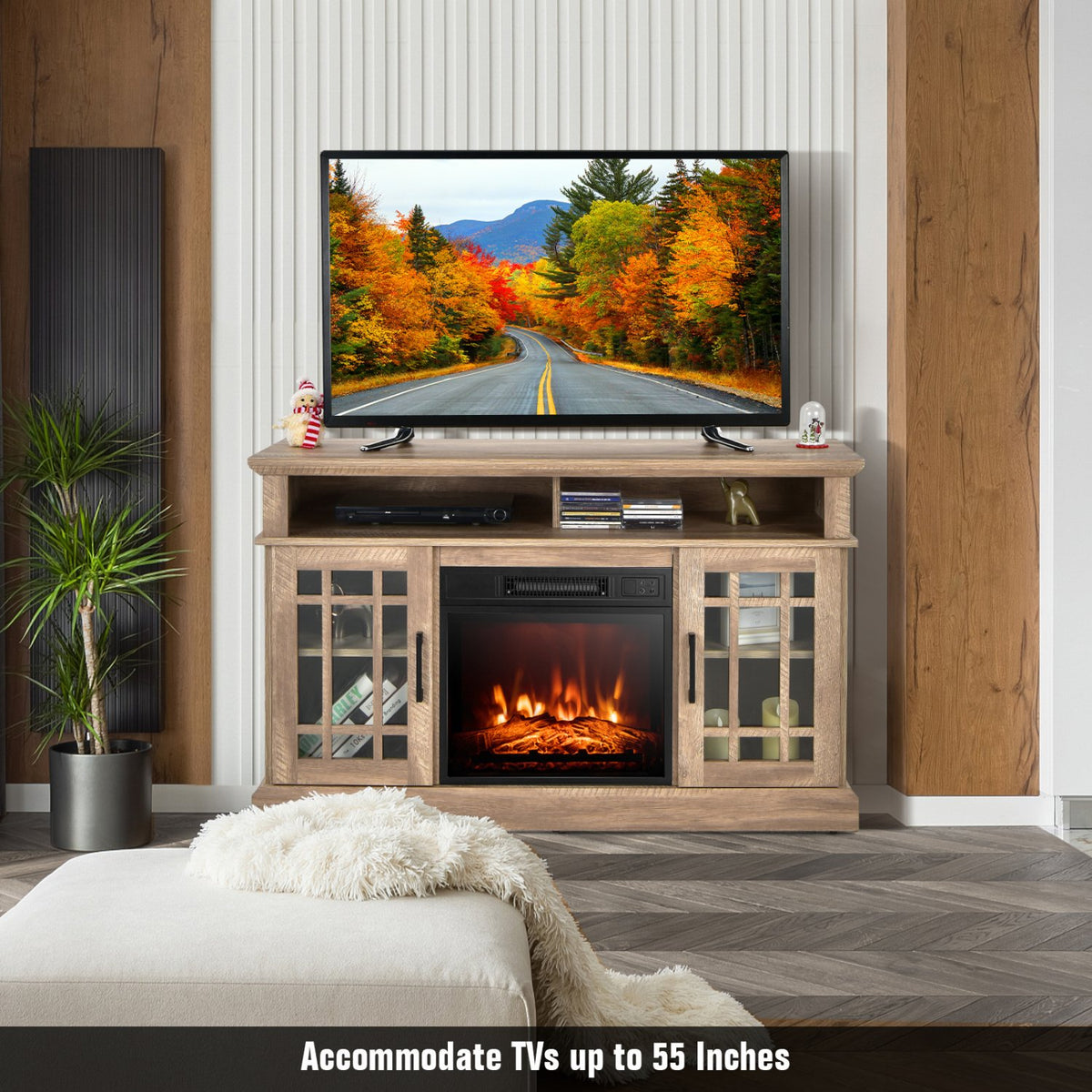 48 Inch Electric Fireplace TV Stand with Cabinets for TVs Up to 55 Inch-Natural view 3